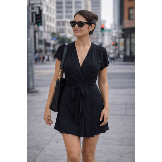 Reformation Black Short Sleeve Wrap Dress Tie Waist Mini