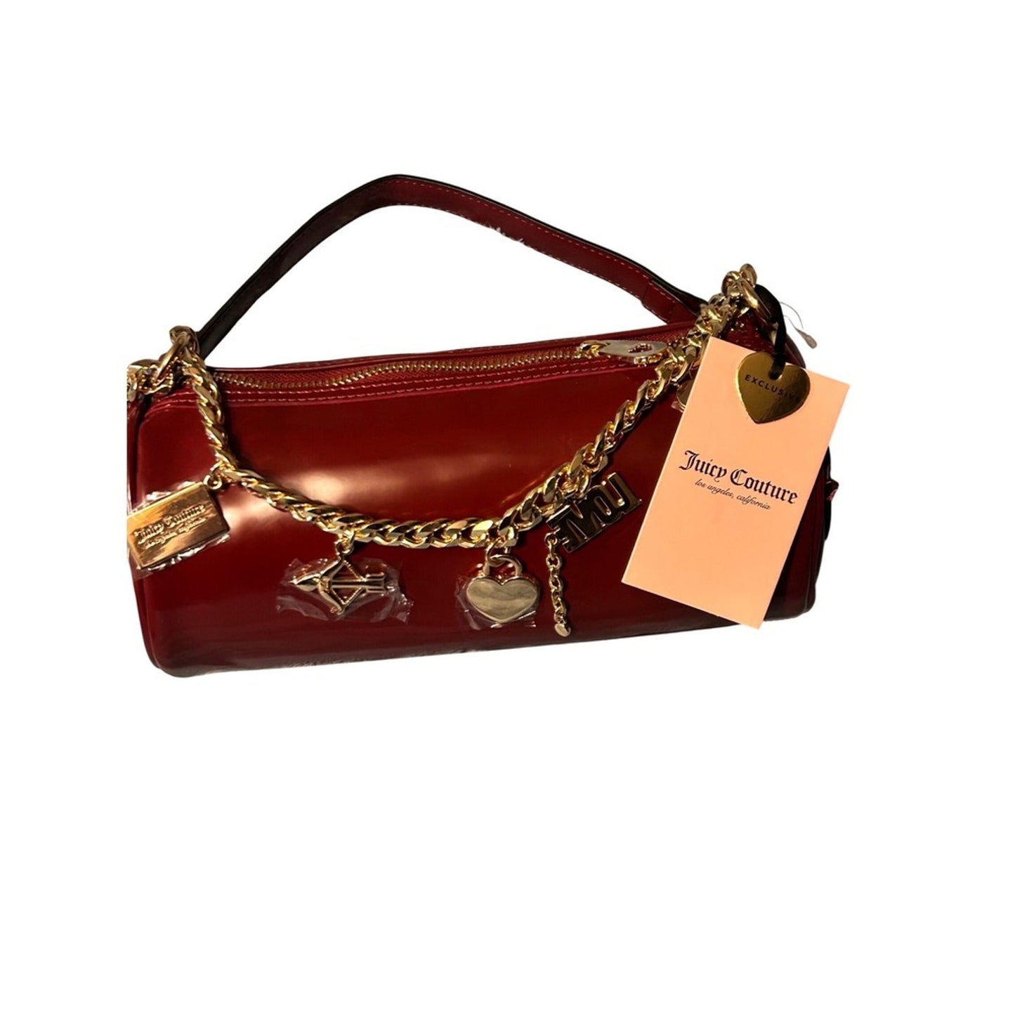 Juicy Couture Barrel Bag Red Patent Gold Chain Charm Shoulder Bag NEW