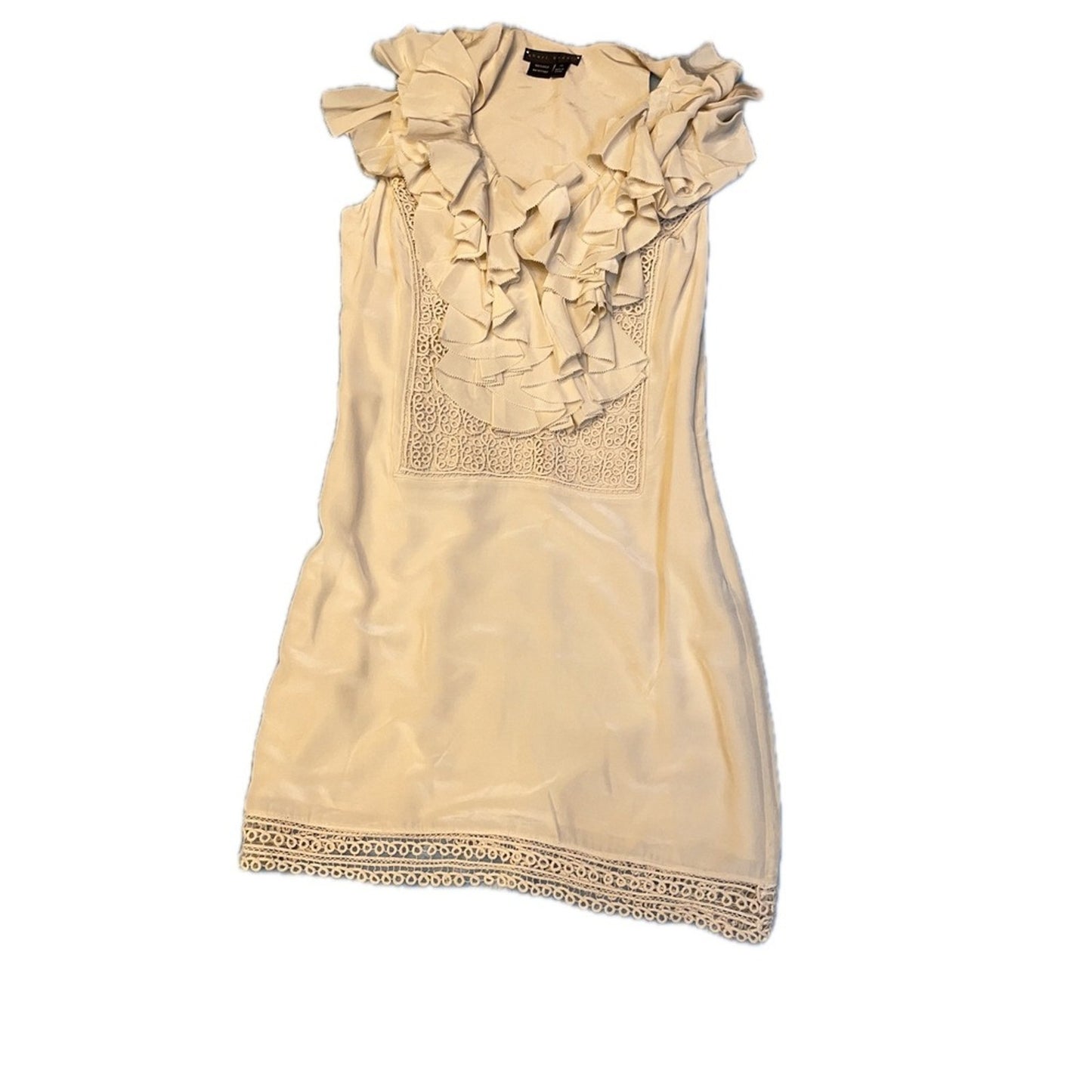 Sheri Bodell 100% Silk Ruffle Mini Dress • Cream Boho Lace • Party / Resort XS