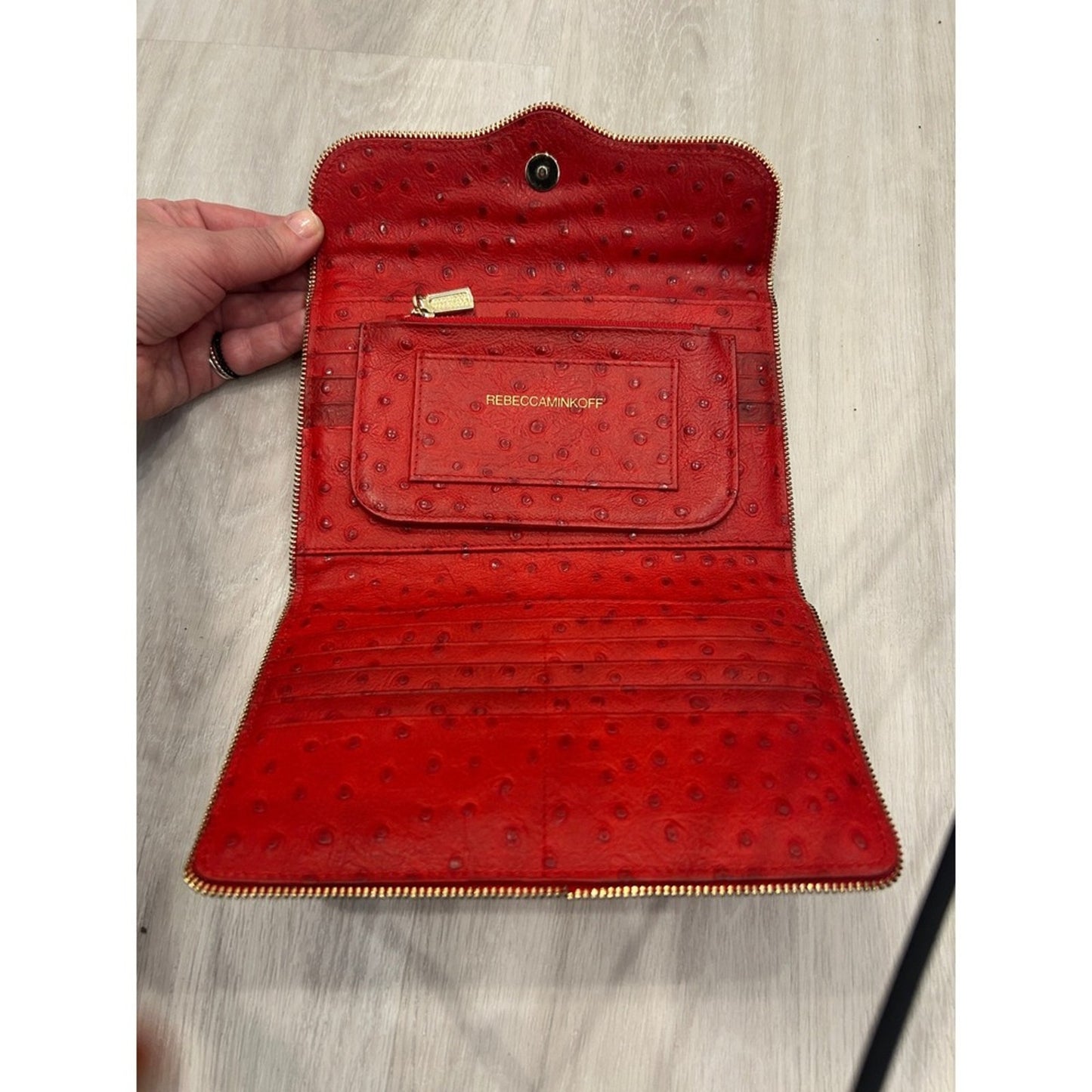 Rebecca Minkoff Red Ostrich Embossed Leather Zip Around Clutch Wallet Organizer