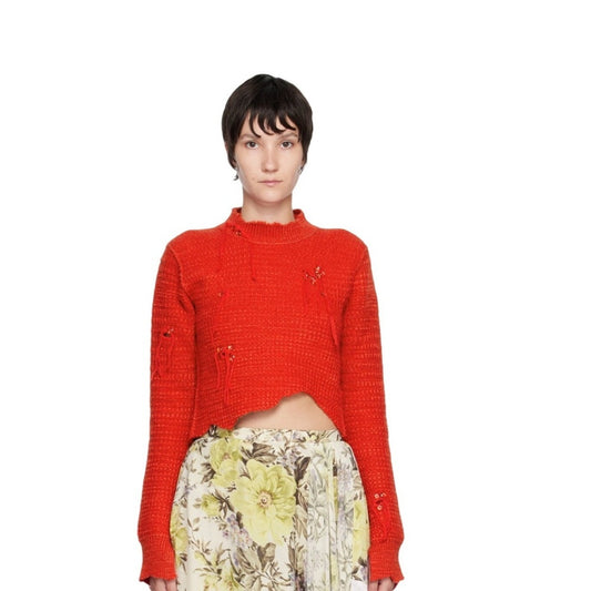 Acne Studios Red Embellished Knit Sweater Cropped  Long Sleeve NWT size M