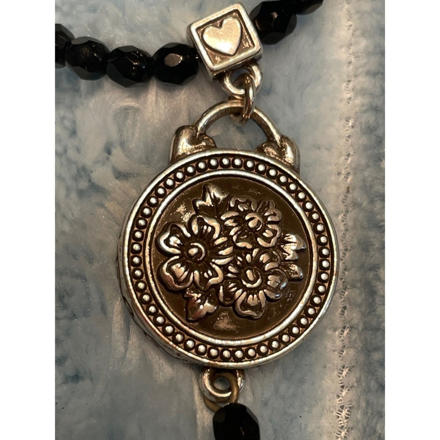 Brighton Silver Tone Black Bead Necklace Round Medallion Pendant Heart Clasp