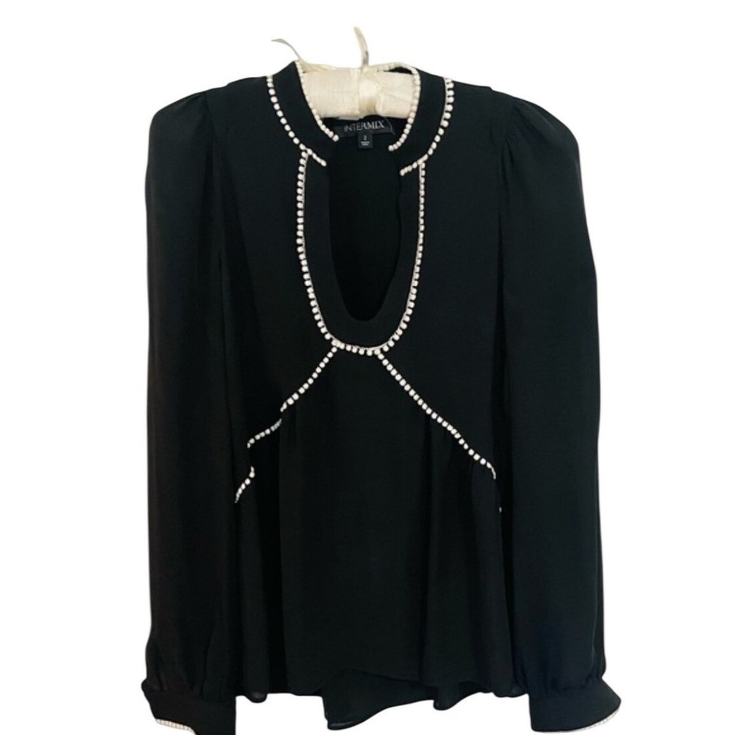 INTERMIX Embellished Neckline Peplum Silk Blouse Brown Size 0 Long Sleeve