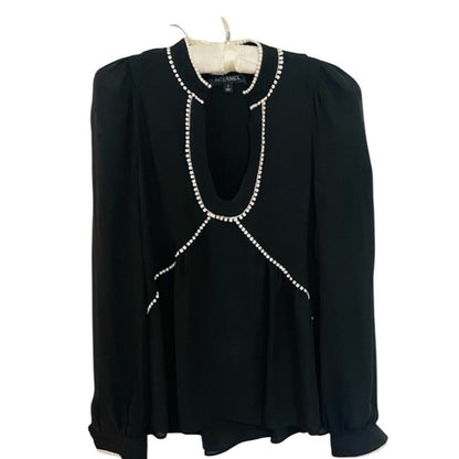 INTERMIX Embellished Neckline Peplum Silk Blouse Brown Size 0 Long Sleeve