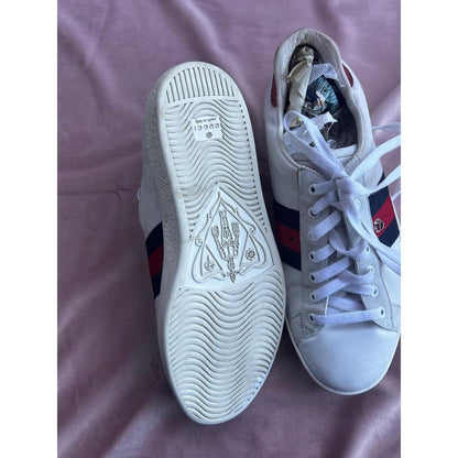 Gucci Ace White Leather Web Stripe Sneakers Mismatched Snakeskin Heel Tabs