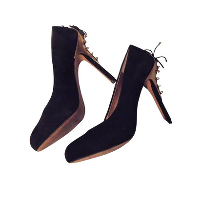 Sam Edelman Black Suede Stiletto Heel Lace Up Ankle Boots Gold Studs size 6