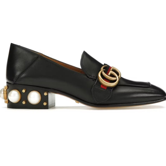 Gucci Black and Gold Leather Loafers with Pearl Embellishments