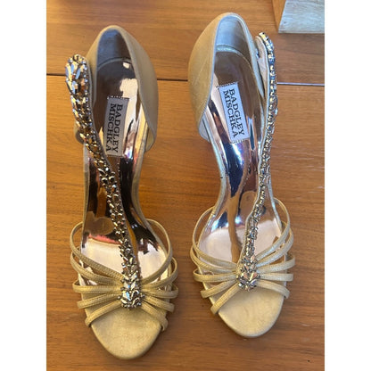 Badgley Mischka Gold Crystal T-Strap Stiletto Heels Womens 9.5 Formal Wedding