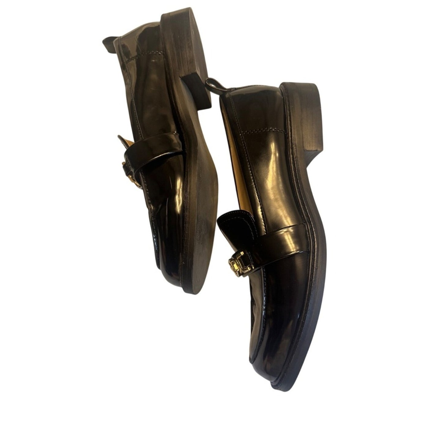 Sam Edelman Black Patent Leather Loafers with Gold Chain Accent