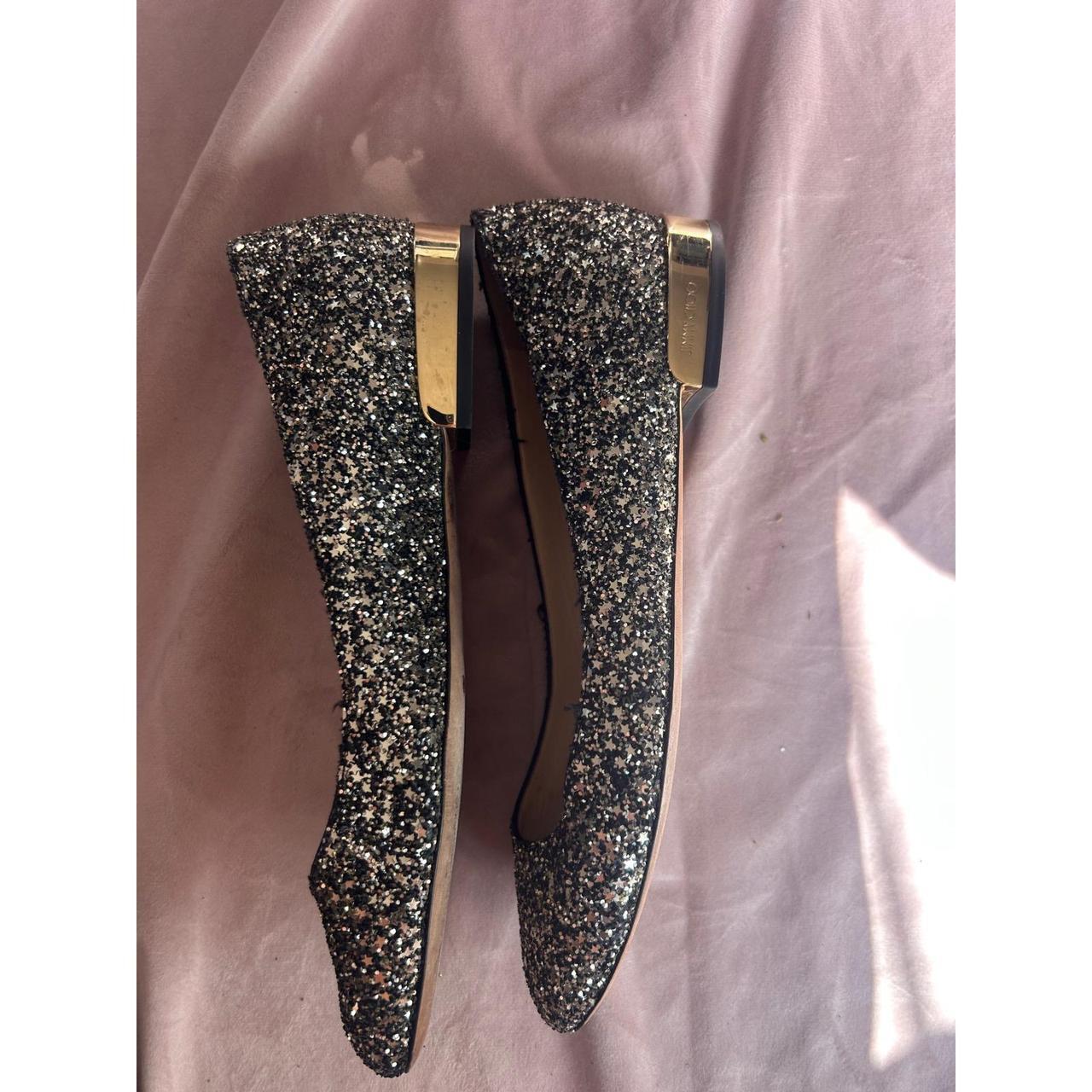 Jimmy Choo Genevi Star Coarse Glitter Toe Flats Gold Heel Black Silver 39