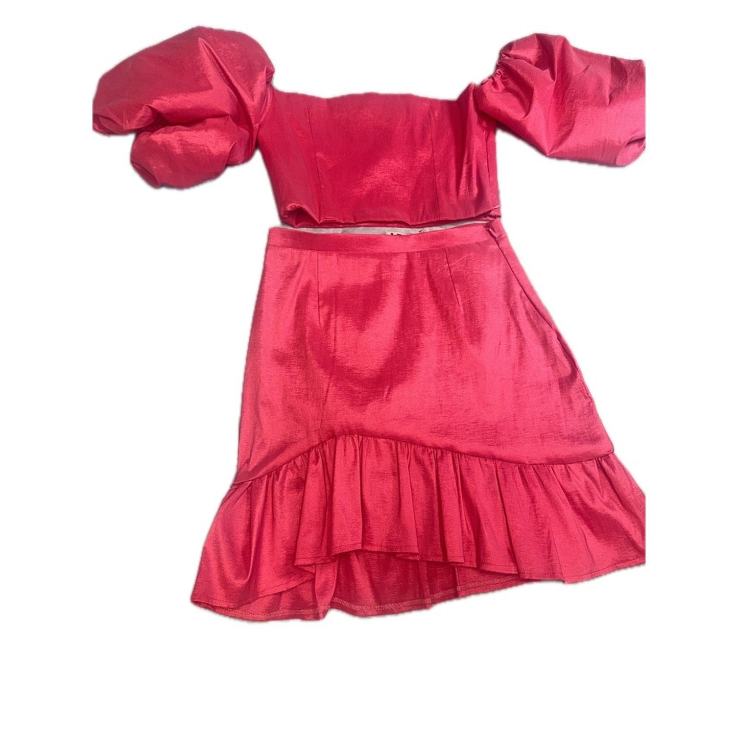 IRA Hot Pink Two Piece Set Puff Sleeve Crop Top Ruffle Hem Skirt Medium
