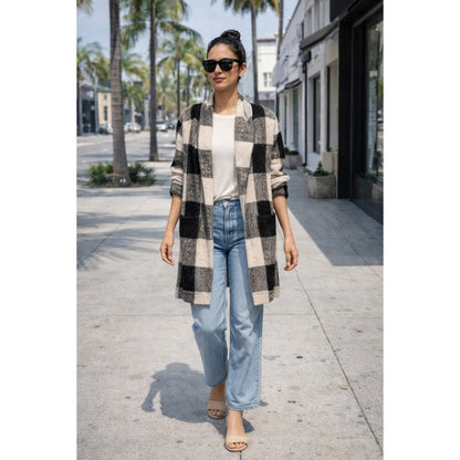 Anthropologie Plaid Long Open Front Knit Cardigan Jacket Black White size M