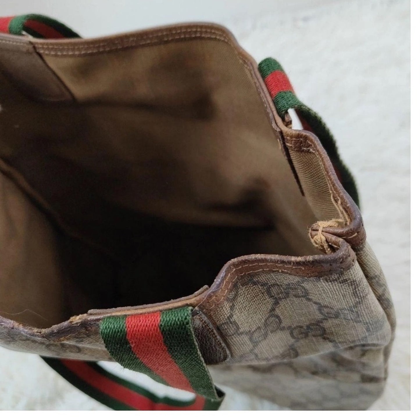 Authentic Vintage Gucci Monogram Canvas Tote Bag Red Green Stripe