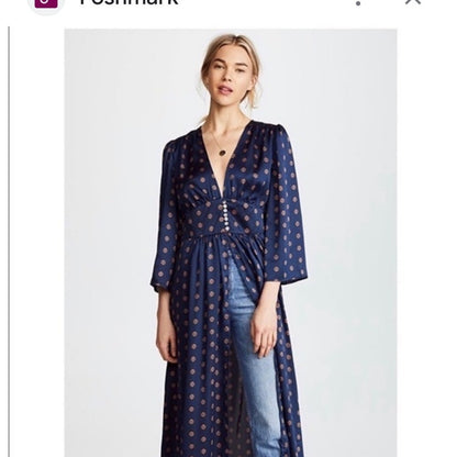Free People  Alexa Duster  Floral Print V Neck Button Front size Satin size L