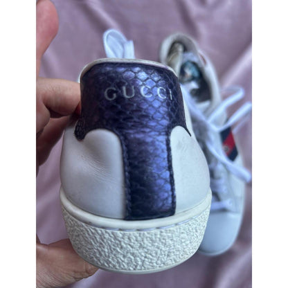 Gucci Ace White Leather Web Stripe Sneakers Mismatched Snakeskin Heel Tabs