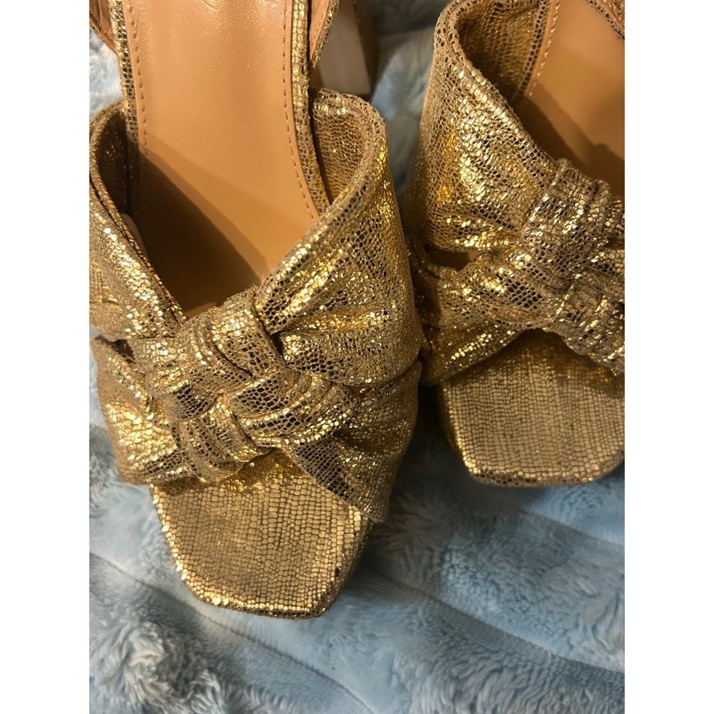 Sam Edelman Gold Bow Heeled Sandals | Metallic Evening Shoes | Size 8