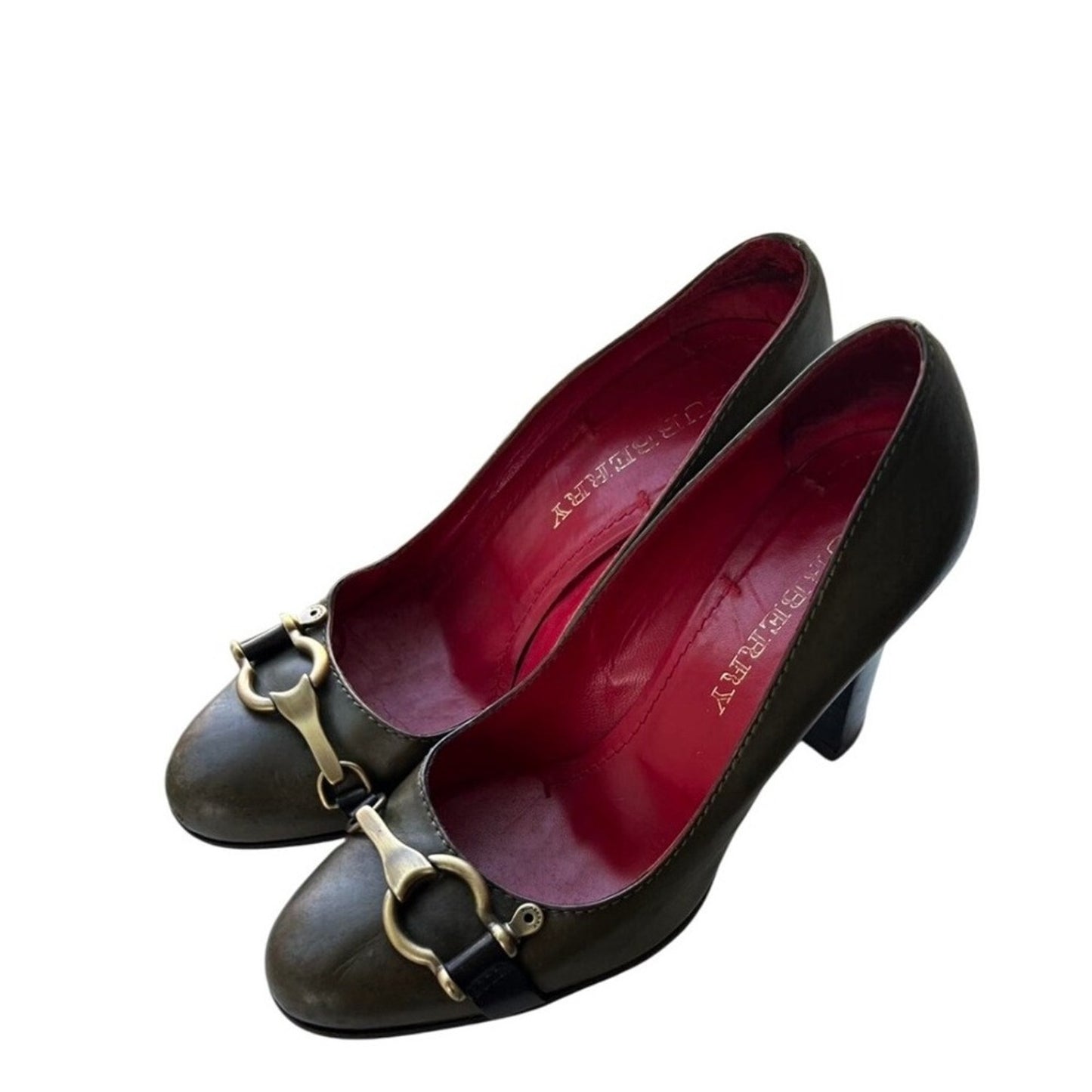 BURBERRY Pumps Women Designer Heels Gold Buckle Olive Green Leather 39.5/8.5