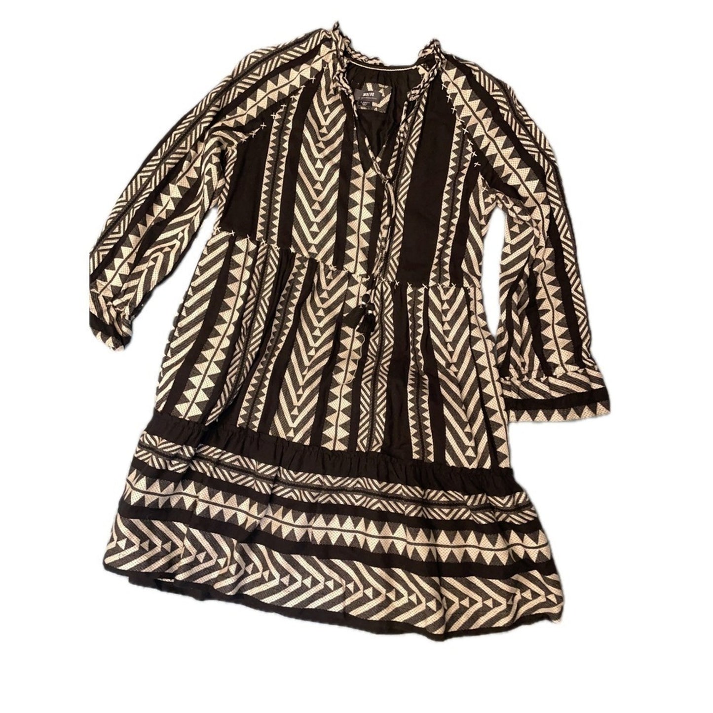 Maeve by Anthropologie Black White Aztec Print Tiered Tassel Dress XSmall