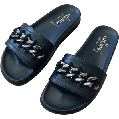 Valentino Garavani Slides Women's Size 8 Black Good Chain Detail
