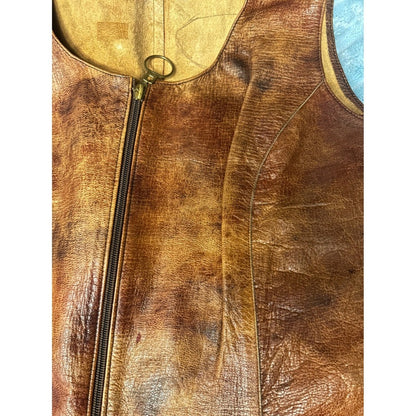 Vintage Leather Longline Vest Women S Brown Embroidered Boho Tribal Zip Good