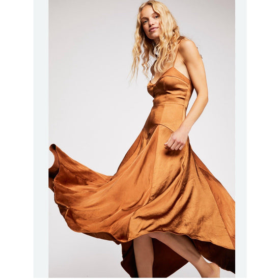 Free People x Fame and Partners Bronze Satin Slip Gown Dress Women’s Size 10