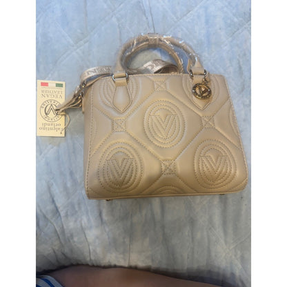 Valentino Orlandi Vegan Leather Quilted Tote Beige Gold Charm Top Handle NWT