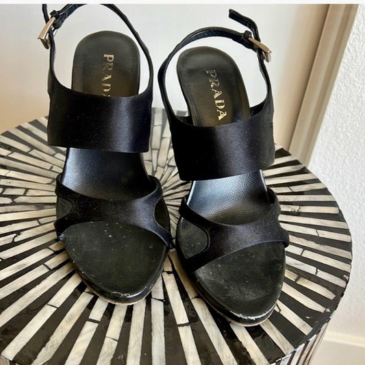 Prada Black Satin Strappy Slingback Heels Size 39 (US 9)