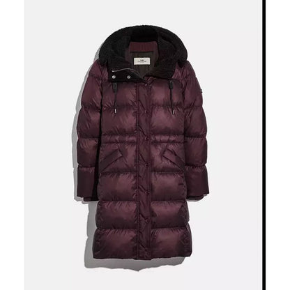 Coach Long Down Puffer Coat Womens Burgundy Quilted Outerwear