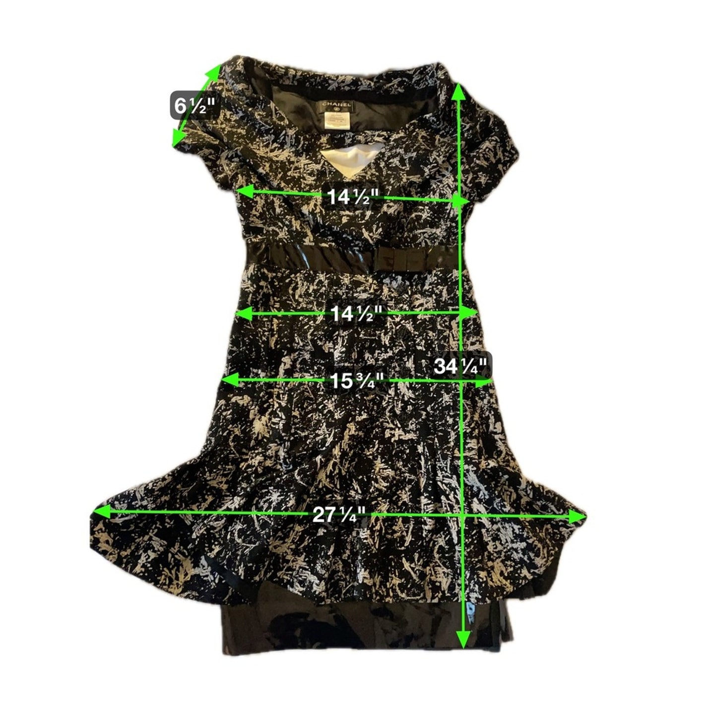 CHANEL Black & Gray Abstract Print V-Neck Cap Sleeve Belted Flare Dress size 36