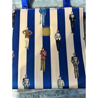 MCM Tote Bag Blue White Stripe Print Leather Trim Gold Hardware