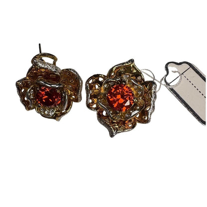 Red Rose Gemstone Earrings Gold Silver Tone Accents