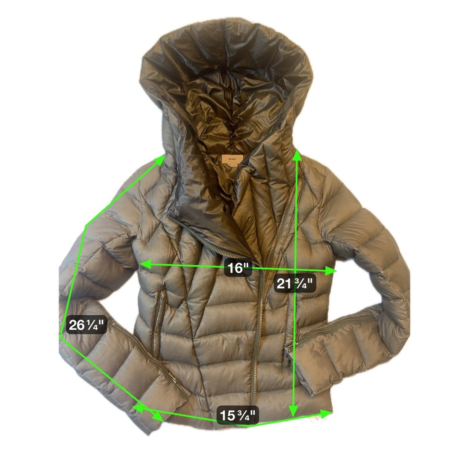 Helmut Lang Gray Down Puffer Jacket with Hood Asymmetrical Zip Womens Small S