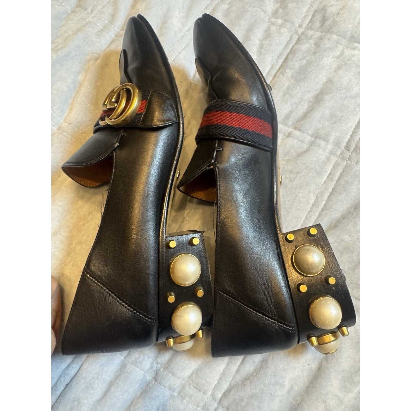 Gucci Marmont Pearl Heel Loafers Black Leather GG Web Stripe Size 37 (US 7)