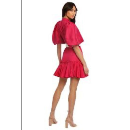 IRA Hot Pink Two Piece Set Puff Sleeve Crop Top Ruffle Hem Skirt Medium