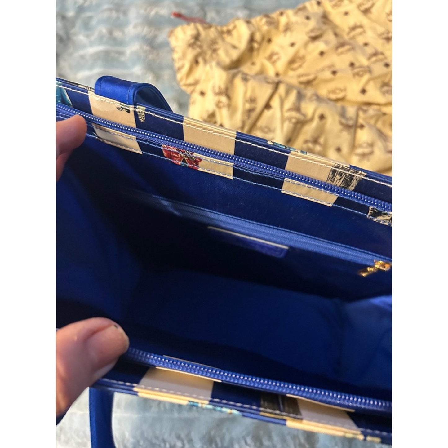 MCM Tote Bag Blue White Stripe Print Leather Trim Gold Hardware