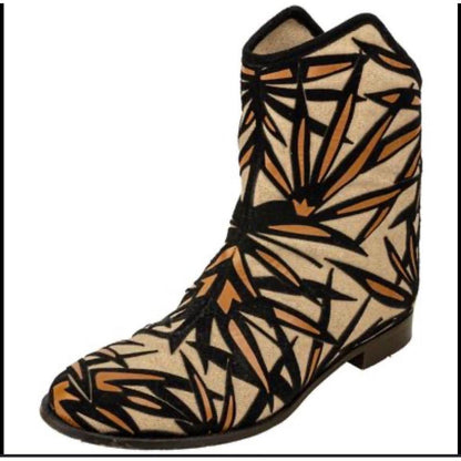 Jimmy Choo London Beige Black Palm Print Canvas Ankle Boots Size 39 Low Heel