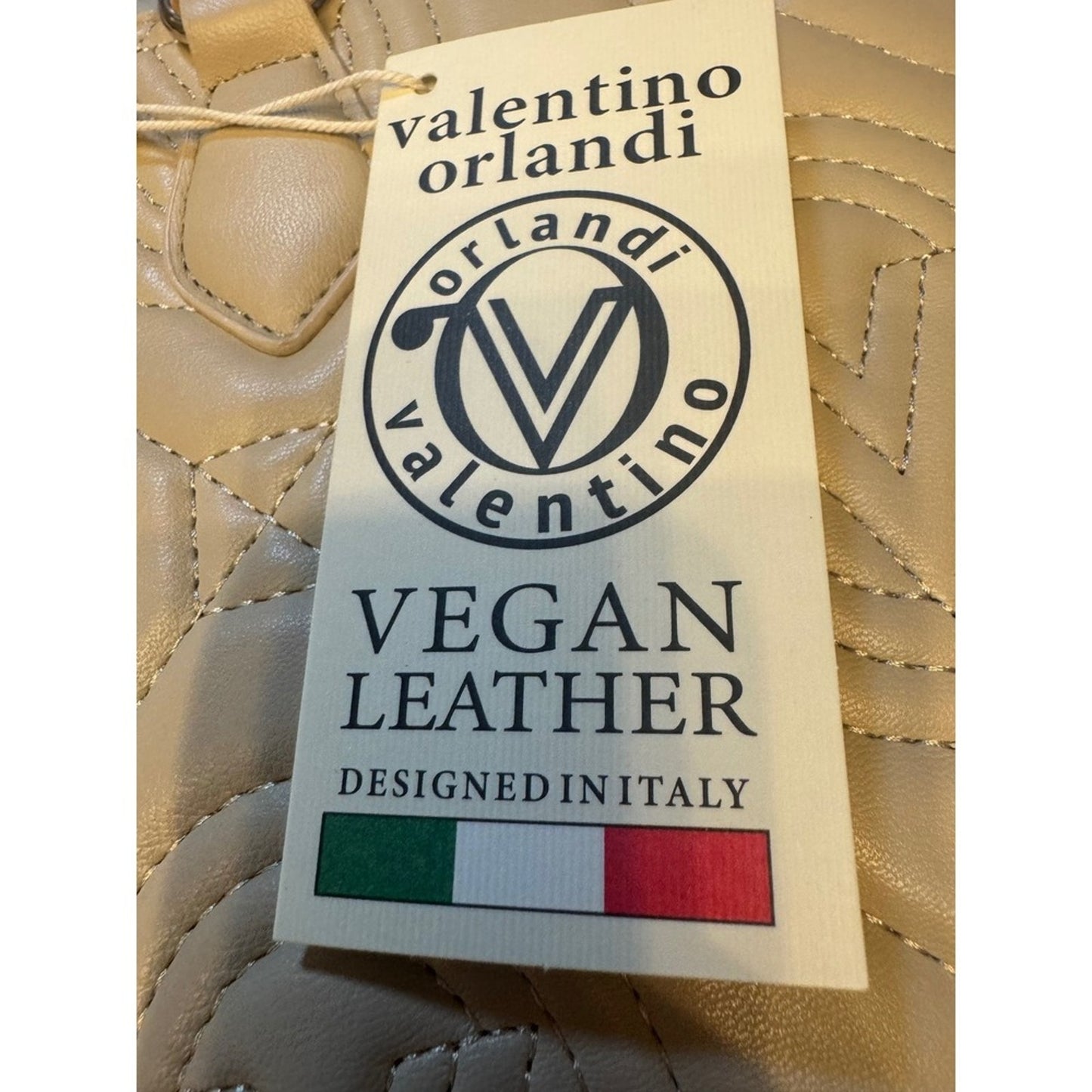 Valentino Orlandi Vegan Leather Quilted Tote Beige Gold Charm Top Handle NWT