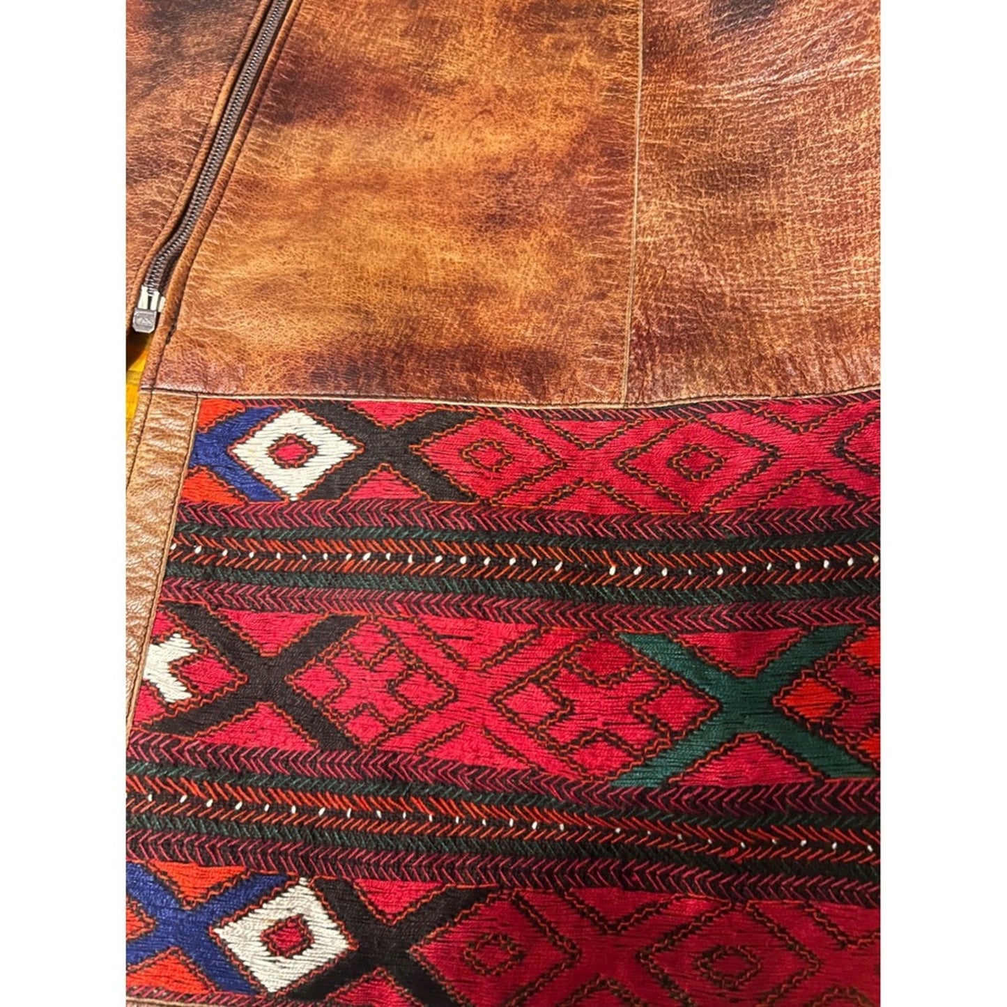 Vintage Leather Longline Vest Women S Brown Embroidered Boho Tribal Zip Good