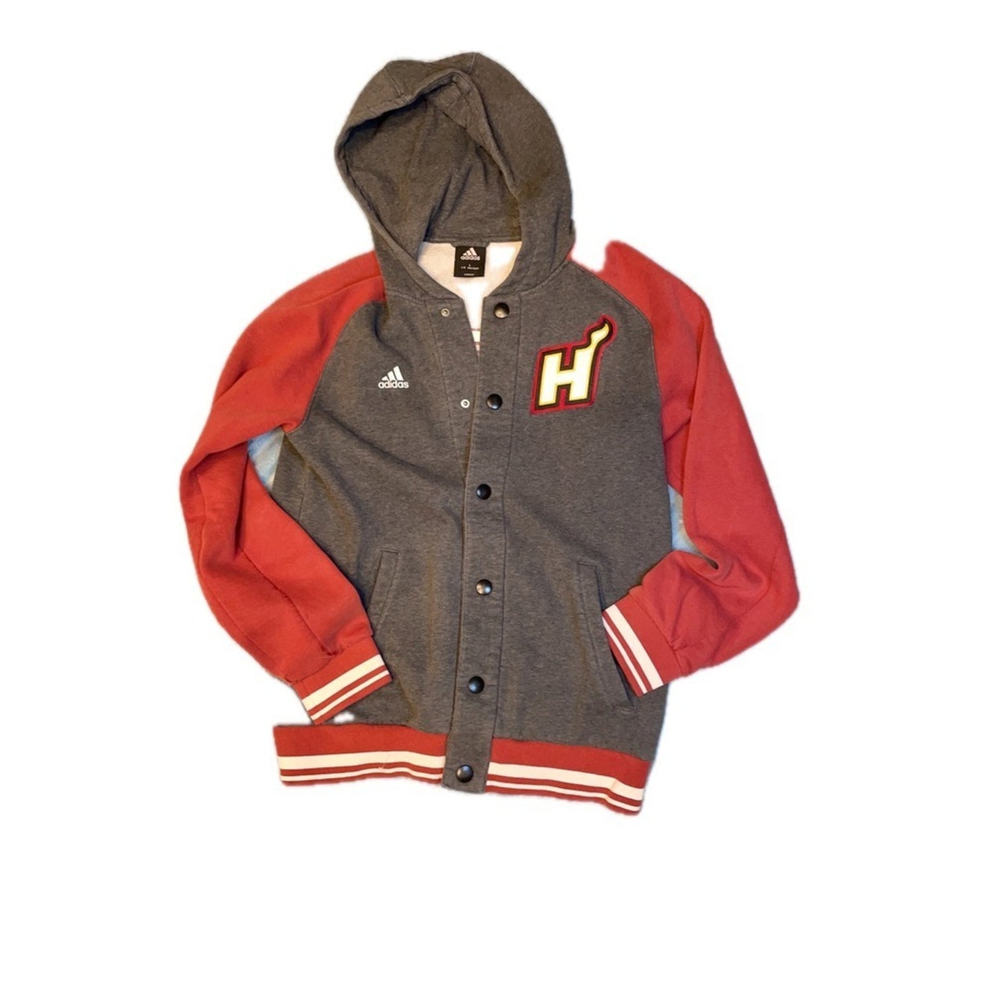 Adidas Basketball Letterman Hooded Jacket Gray Red Snap Button NBA Logo Size L