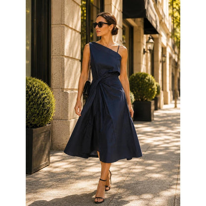 Donna Karan One Shoulder Silk Dress Navy Blue Size 4 Cocktail Evening.