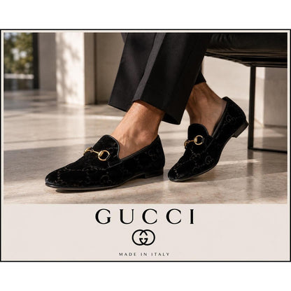 Gucci Jordaan Horsebit Loafers Black GG Monogram Velvet 430088 Mens 8