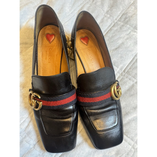 Gucci Marmont Pearl Heel Loafers Black Leather GG Web Stripe Size 37 (US 7)