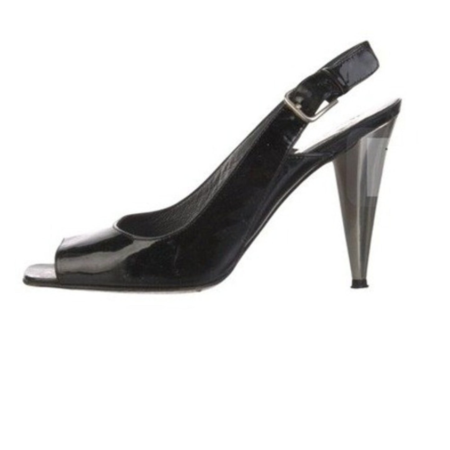 Stuart Weitzman Patent Leather Peep Toe Slingback Heels Women US 8 Black Silver