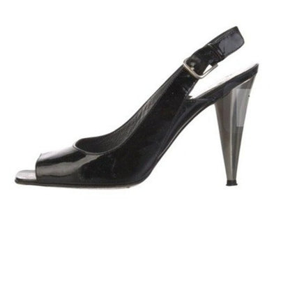 Stuart Weitzman Patent Leather Peep Toe Slingback Heels Women US 8 Black Silver