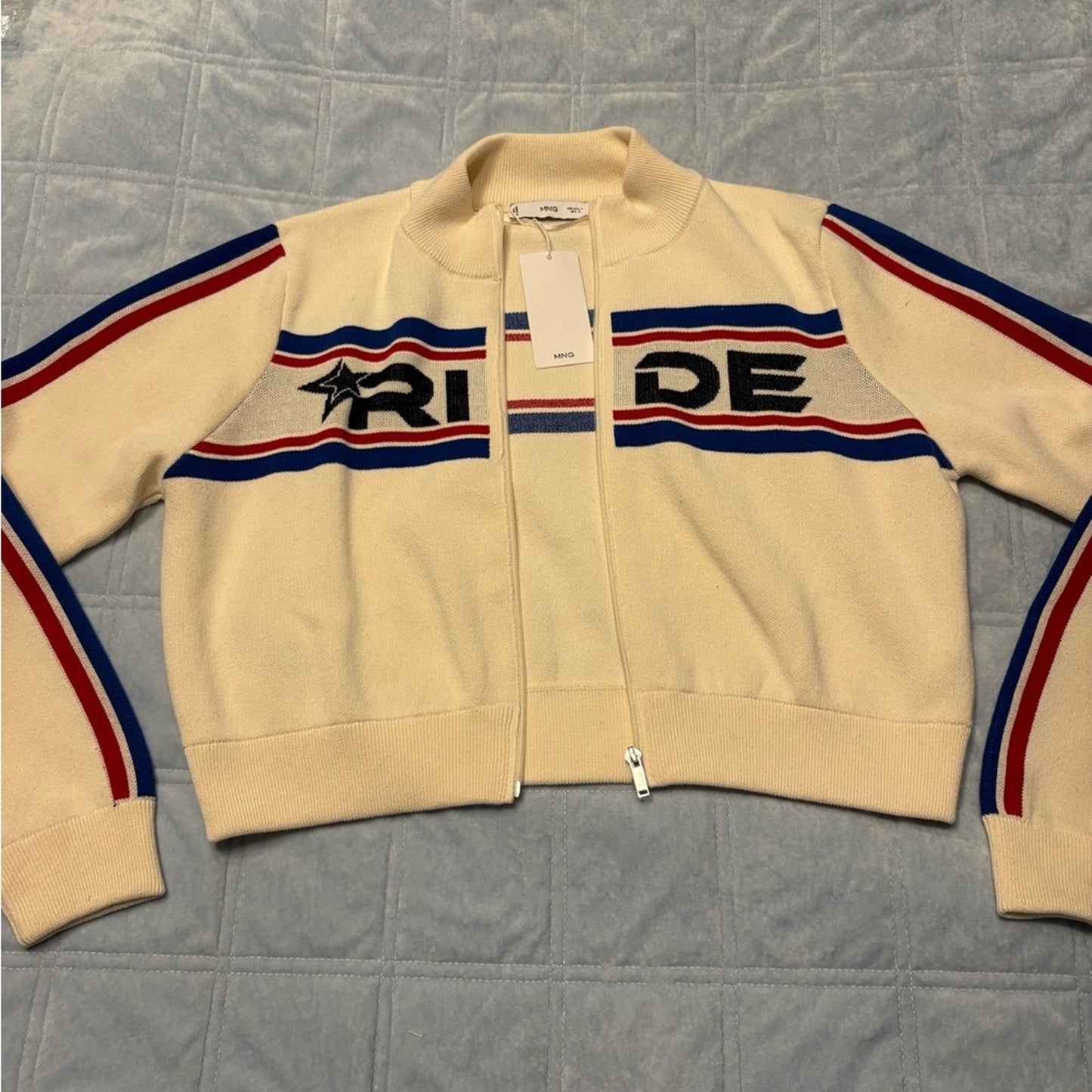 Mango Cream and Blue Striped Cardigan Cropped - Size M new