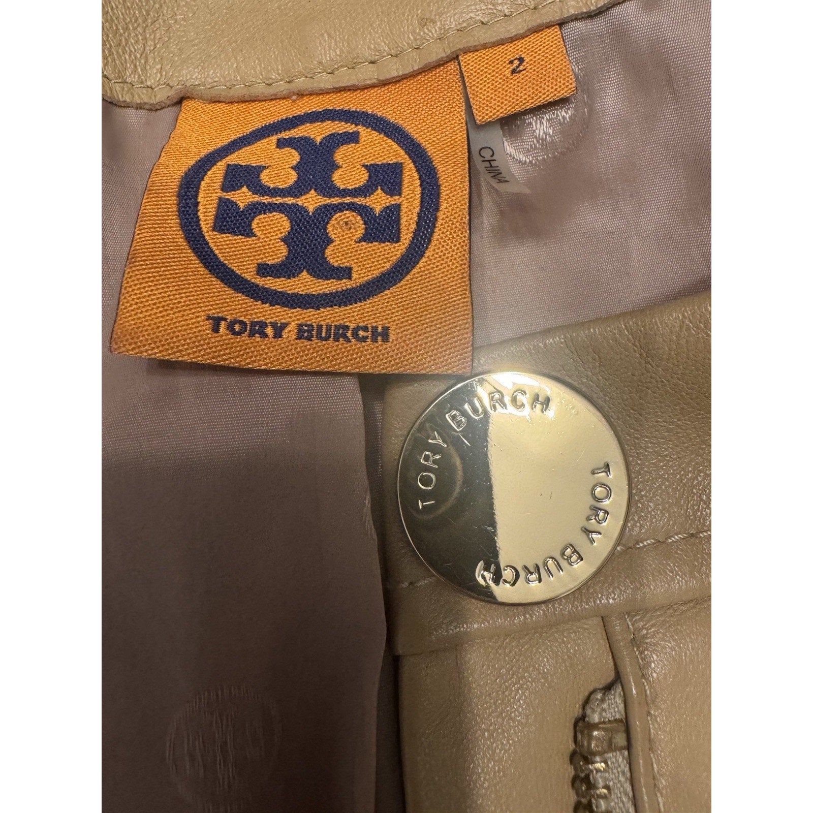 Tory Burch Camel Leather Jacket Gold Hardware Monogram Lining Women’s 2