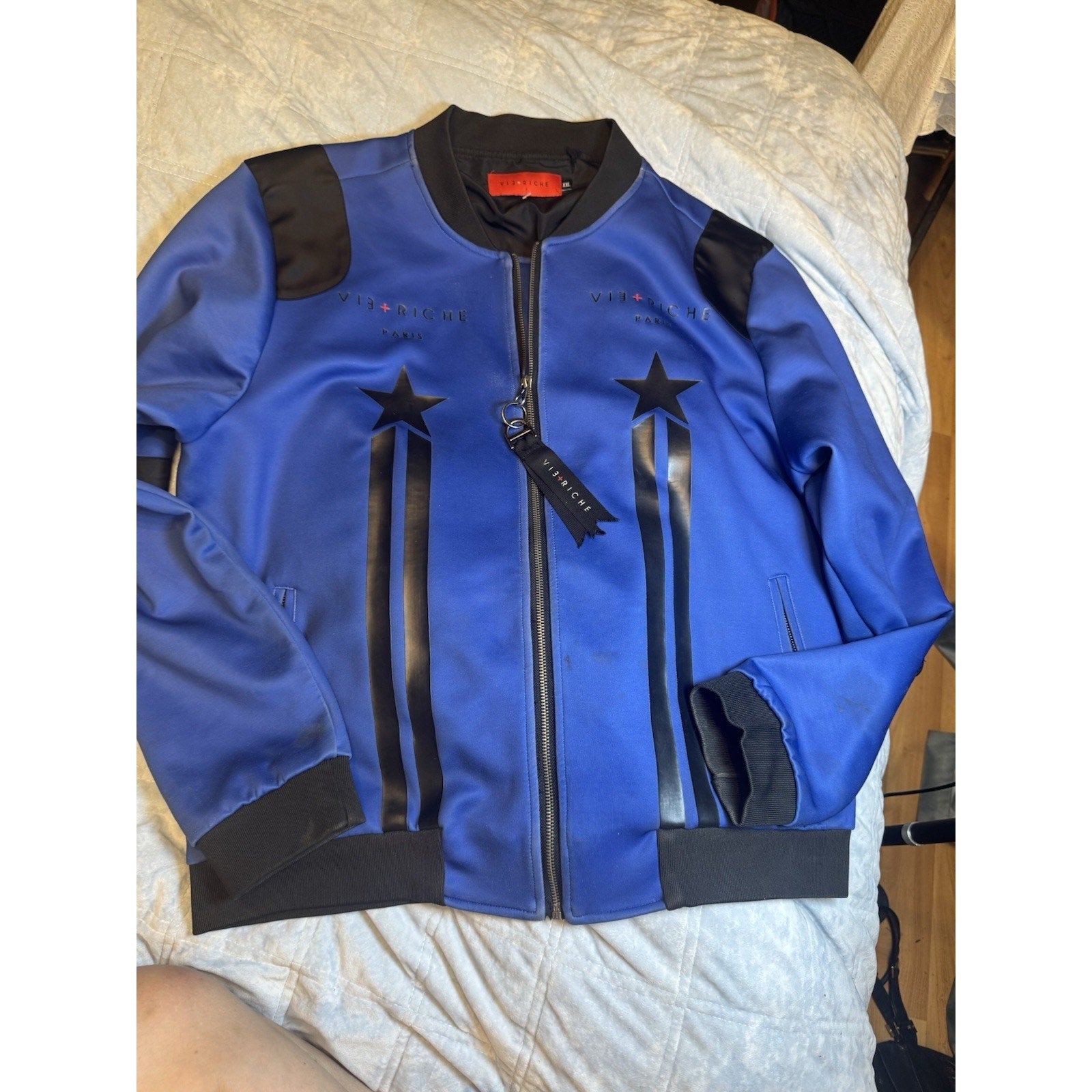 Vie+Riche Paris Royal Blue Bomber Jacket XXL Streetwear Star Stripe Design