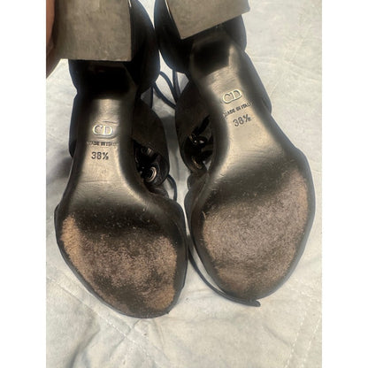 Dior Paris Black Suede Leather Lace Up Open Toe Heels Women's Size 38.5