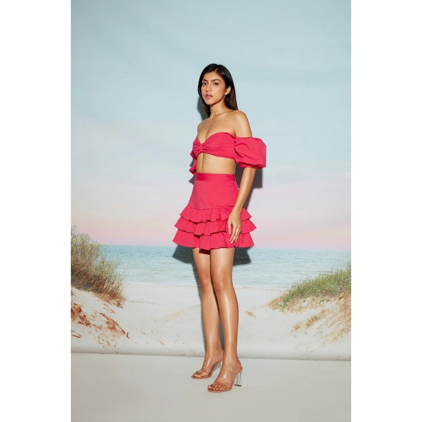 IRA Hot Pink Two Piece Set Puff Sleeve Crop Top Ruffle Hem Skirt Medium