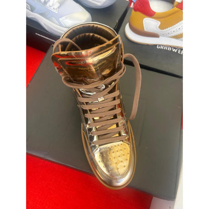 Saint Laurent SL/10H Gold Metallic Leather High Top Sneakers Mens 40 RF 418026